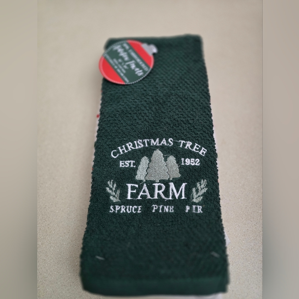 2 pk Green towel with 'Christmas Tree Farm' embroidery & white towel w/stripes